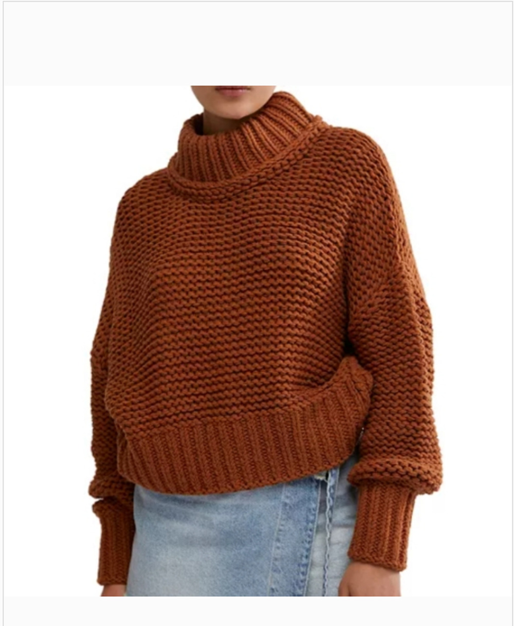 Free People Chunky Knit Turtleneck Sweater Rust Orange Small Cozy BoHo 3086